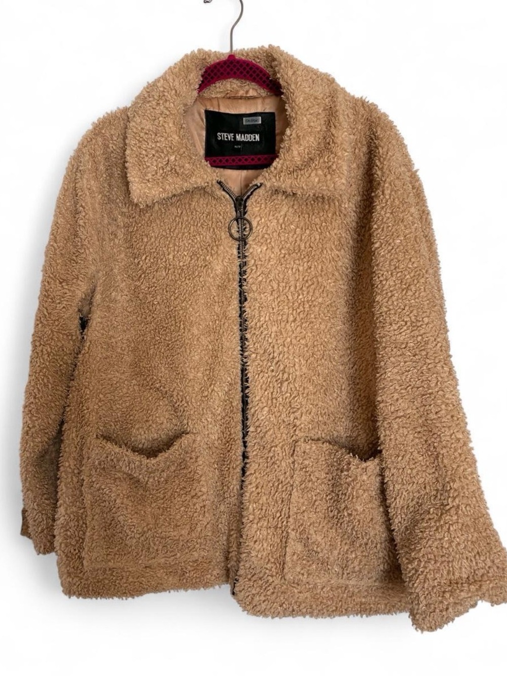 Steve Madden Tan Plush Teddy Shearling Zip-Up Jacket